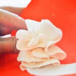 hand holding a bundle of fondant ruffles by an orange background