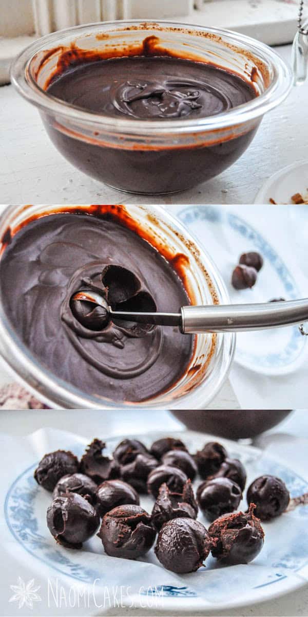 3 images showing ganache being made, being scooped into truffles with a melon baller, and formed into round balls